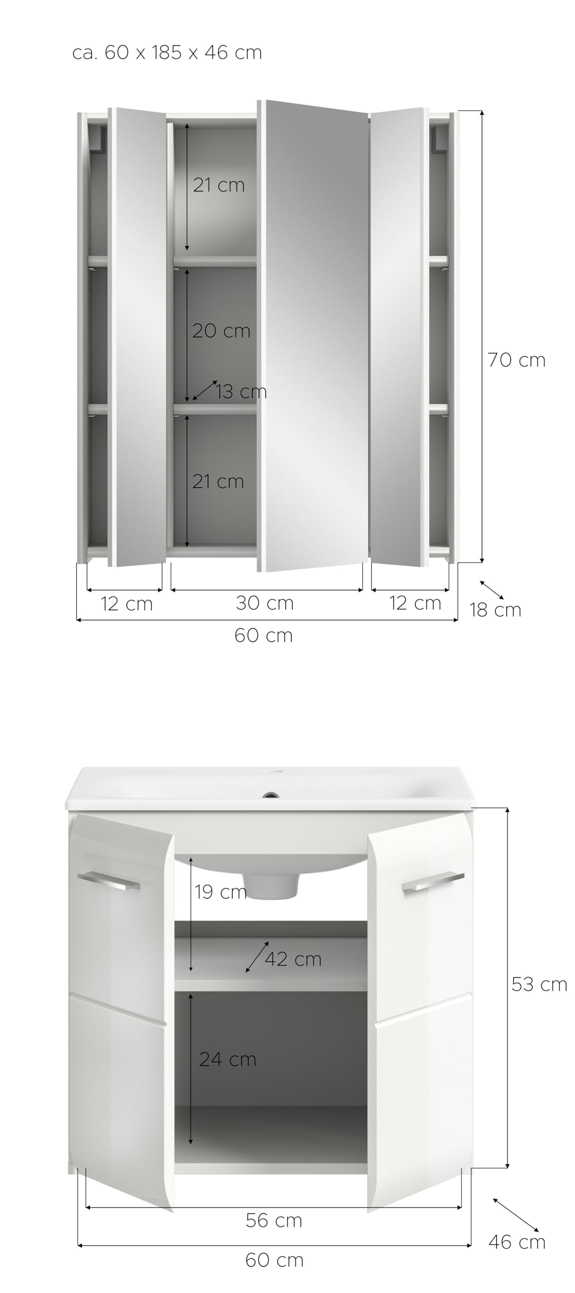 xonox.home – 2 TLG. Stilvolle Badmöbel-Kombination Ice 60x185x46 cm in Korpus weiß Nachbildung und Front weiß Hochglanz – modernes Set für Dein Bad – edel & leicht zu reinigen – Bild 4