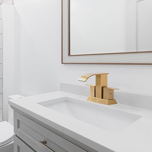 Miniatura 10 de Grifo de baño con cascada dorada de 3 agujeros, grifo de lavabo de baño de 8 pulgadas  Grifos de lavabo de lavabo con montaje de drenaje emergente y