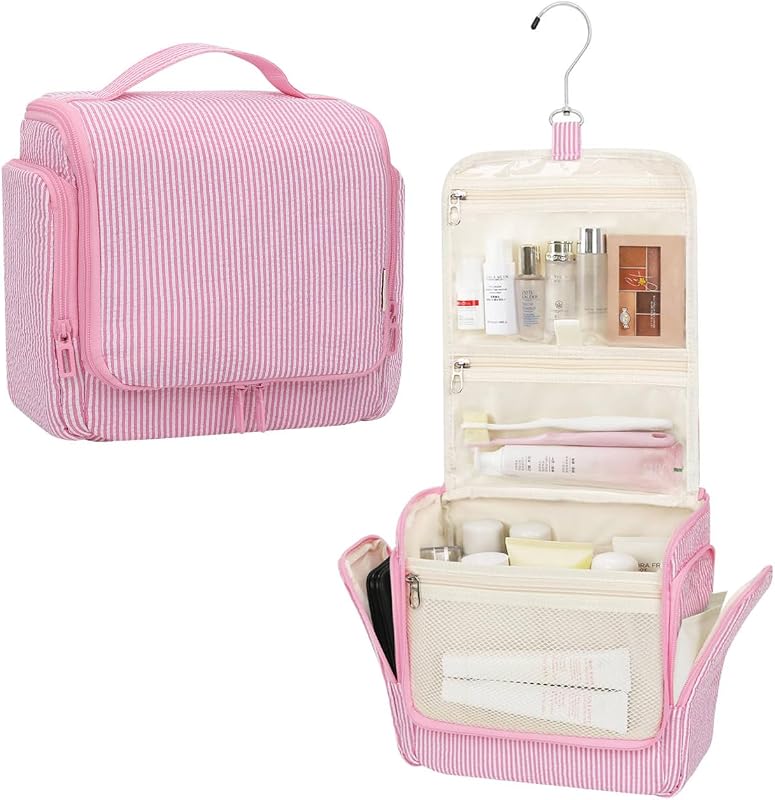 Necessaire de viagem suspensa Relavel em nylon, rosa, com compartimentos e gancho