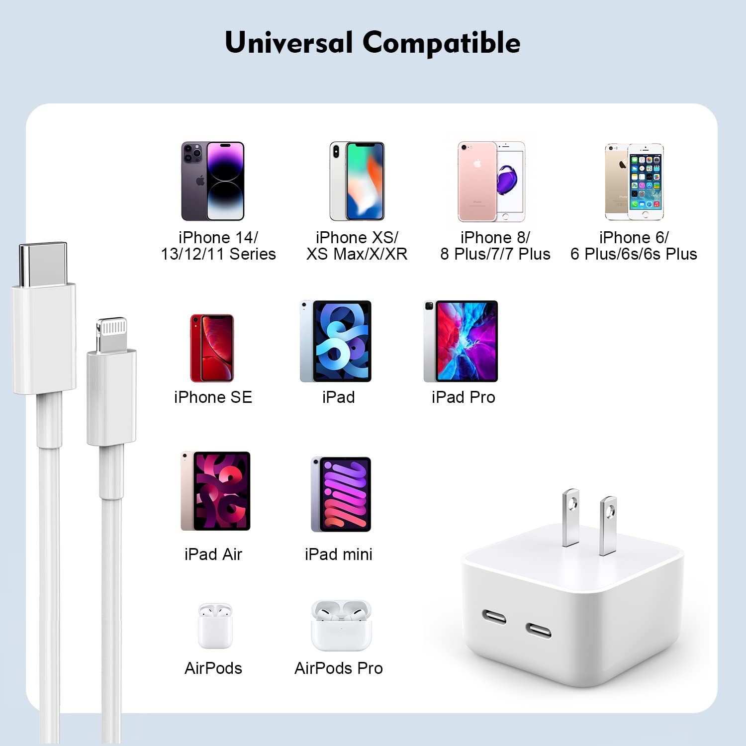 Fast Charger iPhone, iPhone 14 Charger [MFi Certified] 40W Dual Port Foldable USB-C Quick Wall Charger Block with 6FT TypeC to Lightning Cable Fast Charging for iPhone 14/13/12/Pro/Max/11/XR/SE 2022