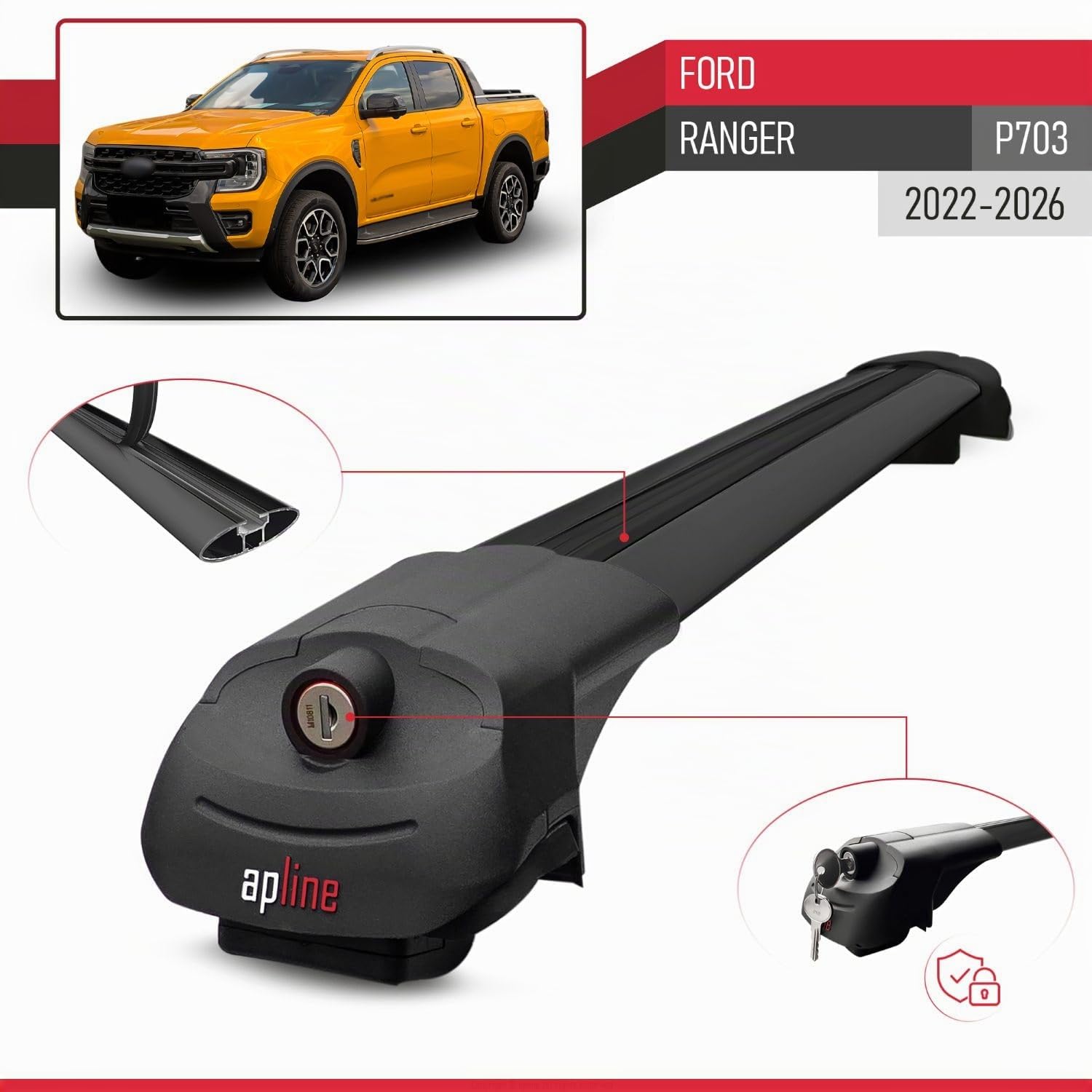 Compatibile con Ford Ranger (P703) 2022-2024 Ace-1 Barre Tetto Portapacchi Auto Barre Portatutto Nero Alluminio 3 Barre