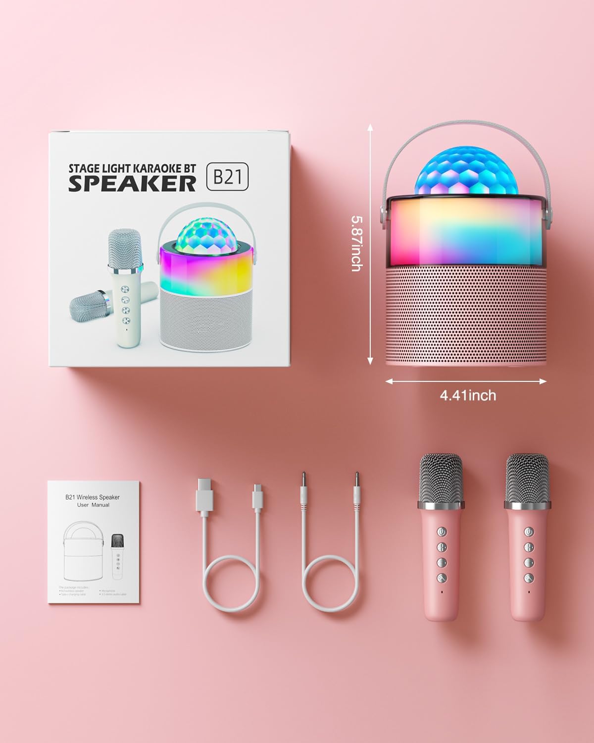 Karaoke Machine with Disco LED Lights for Kids Adults, Mini Portable Bluetooth Speaker with 2 Wireless Microphones, Easter Birthday Gifts for Girls Family Party Basket Stuffers (Pink)