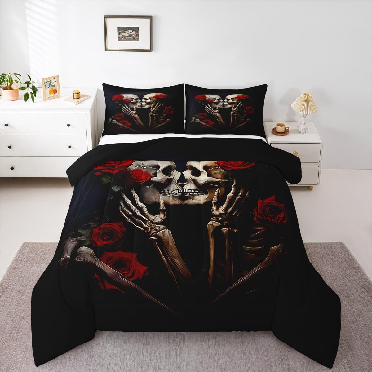 jejeloiu Sugar Skull Comforter Set Queen Size Kids Rose Gothic Skull Comforter for Boys Girls Teens Love Bedding Set Romantic Duvet Set Room Decorations Quilt Set