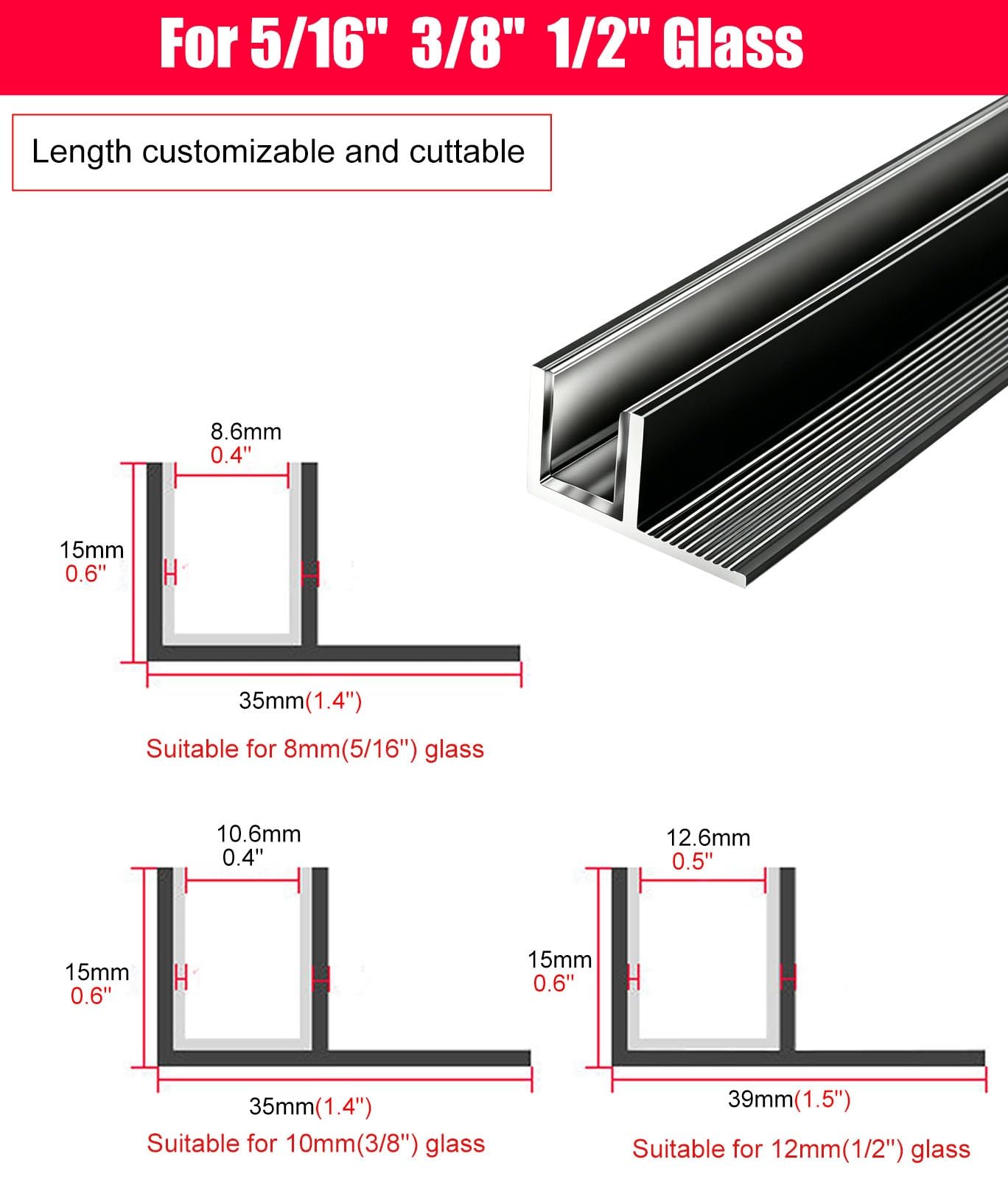 Panel de pared fijo para ducha sin marco, diseño de ranura profunda fácil de limpiar para partición doméstica y comercial, longitud cortable para vidrio de 3/8 pulgadas