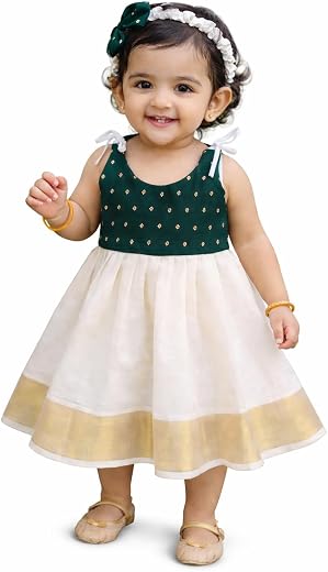 NEW PETAL Traditional Kerala kasavu onam vishu Dress with Hairband with Bow|Handcrafted Embroidery|Sleeveless|Soft & Comfo...