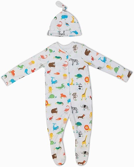 Happy Linen Company Baby,Clothing,Baby Boys 0-24m,Sleepwear & Robes,Sleepsuits Animal Alphabet 100% BCI Cotton Jersey White 0-3 Months Newborn Baby Sleepsuit Hat Footed and Mittens