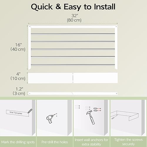 Miniatura 6 de Tendedero plegable para colgar en la pared de 32 pulgadas, estante plegable de pared para ropa interior, estante de secado plegable, ahorro de