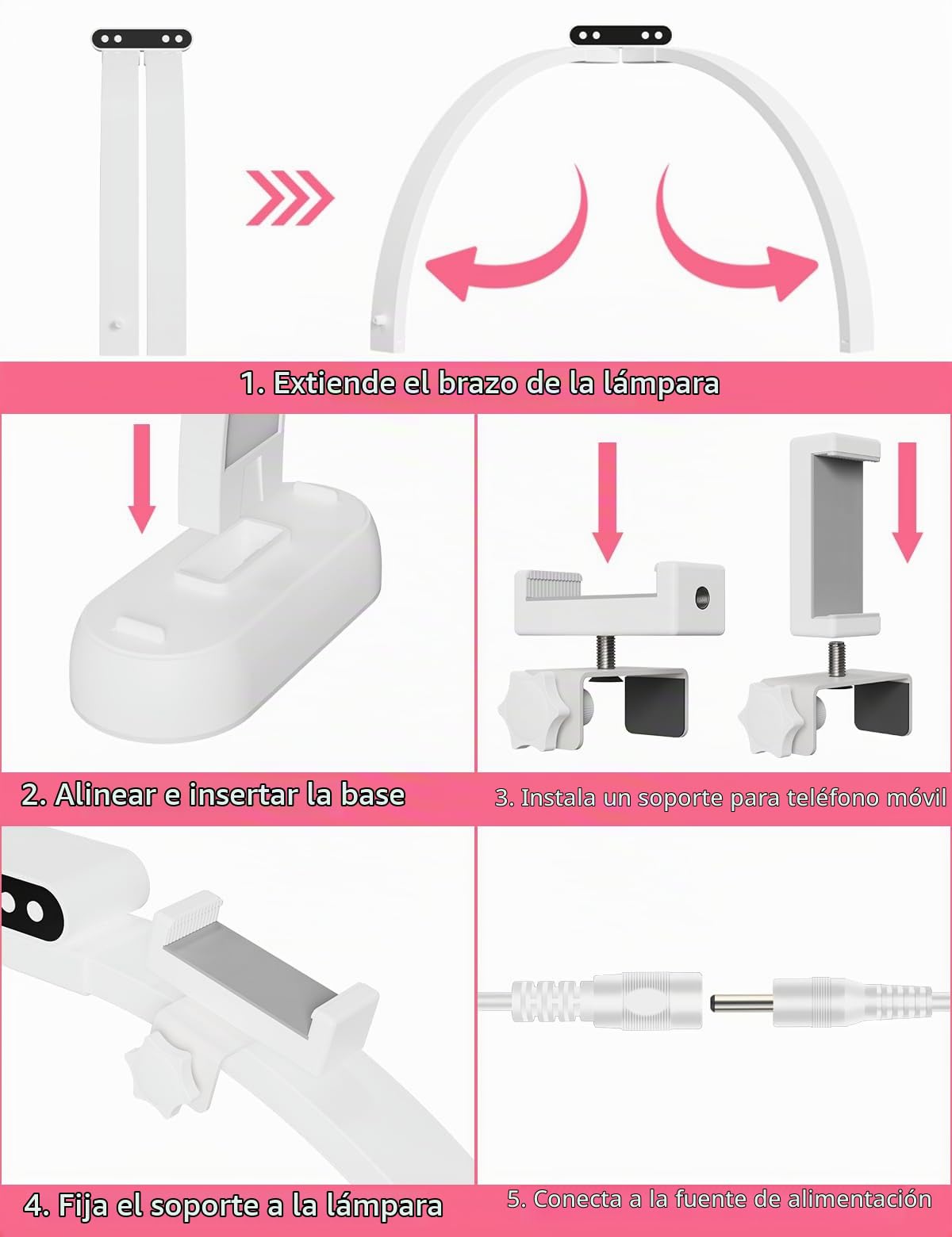 LANMOU Lámpara Media Luna LED 74 cm Regulable para Uñas y Pestañas | 35 W, 2800 LM, 3000-6500 K, Soporte Móvil y mando, Lámpara de Mesa para Manicura, Pestañas, Tatuajes y Video
