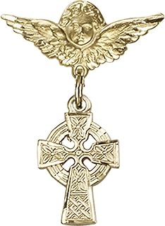 14kt Yellow Gold Baby Badge with Celtic Cross Charm and Angel w/Wings Badge Pin 1 X 3/4 inches