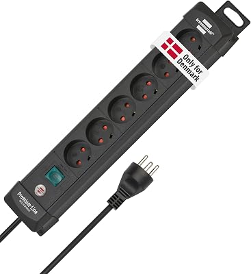Brennenstuhl Premium Line, 6-Way Power Strip with Type K Plug System (Denmark) for wall mounting (Extension Lead with Switch and 3m Cable, not Suitable for use in Germany, Made in Germany)