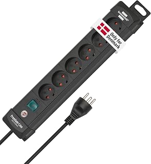 Brennenstuhl Premium Line, 6-Way Power Strip with Type K Plug System (Denmark) for wall mounting (Extension Lead with Switch and 3m Cable, not Suitable for use in Germany, Made in Germany)