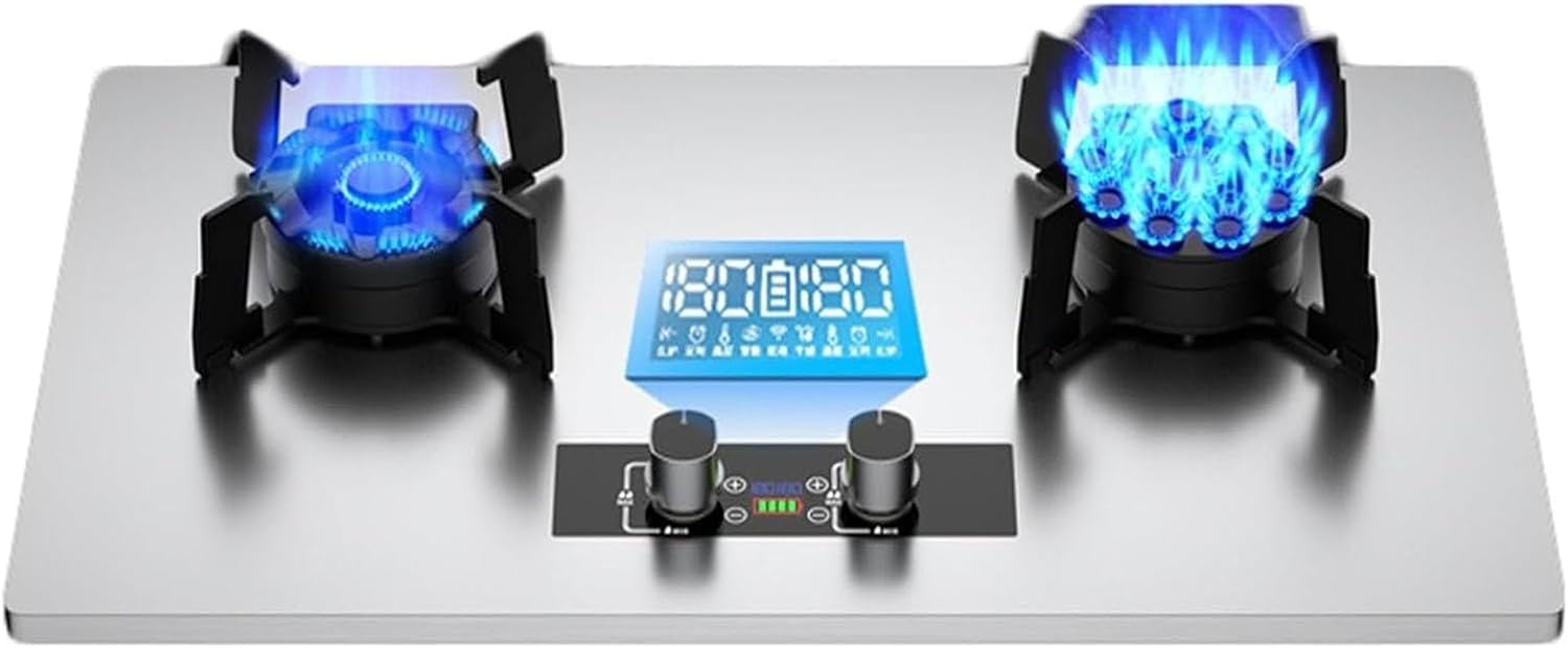 2 Burners Gas Stove - 5.2KW Stainless Steel Double Gas Cooker, 180 Minutes Double Side Timer, Accidental Flameout Protection Device, Auto Ignition Camping Burner, for RV, Outdoor(Silver,LPG)