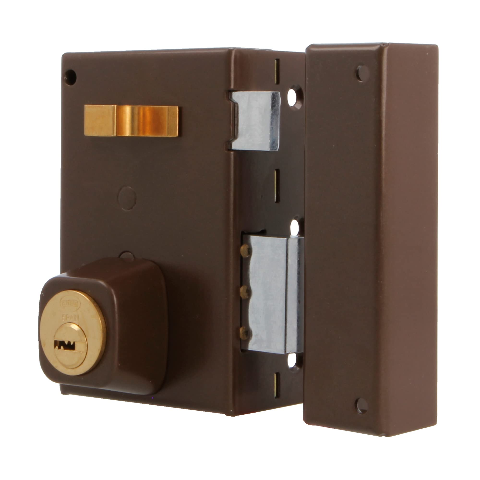 Amig - Serratura a Sovrapposizione a Destra con Leva di Chiusura - Linguetta e Maniglia per Porte in Legno - Mod. 75, 72 x 112 mm - Cilindro rotondo di sicurezza - Acciaio Marrone