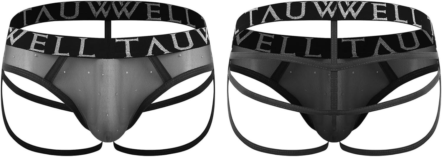 FEESHOW Men's Elastic Waist Thong Sequined Mesh Bulge Pouch T-back Jockstrap Briefs for Club