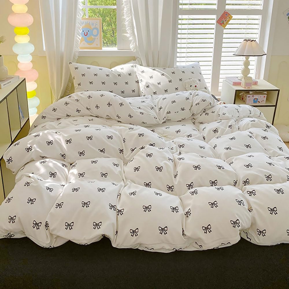 Covebett White Duvet Cover Sets Double Bed with Black Bows Microfiber Bedding Set Cute Aesthetic Girls Black and White Bow Bowknot Quilt Cover 200x200 with Zipper Closure and 2 Pillowcases 50x75 cm — image 1
