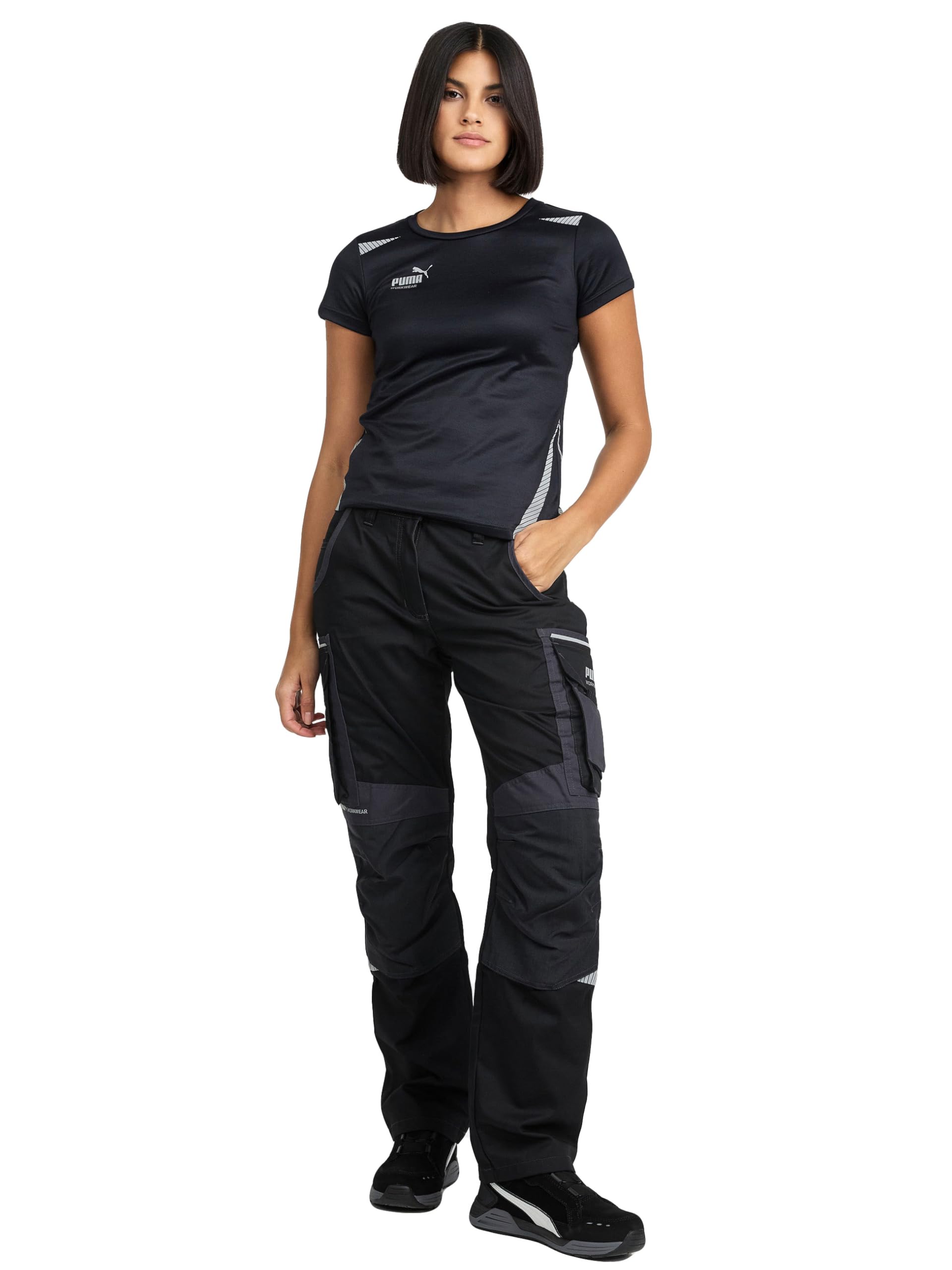 PUMA Work WEAR Premium damskie spodnie robocze z wieloma kieszeniami i dodatkowo wzmocnioną tkaniną nylonową - czarne, czarny/ antracytowy, 48