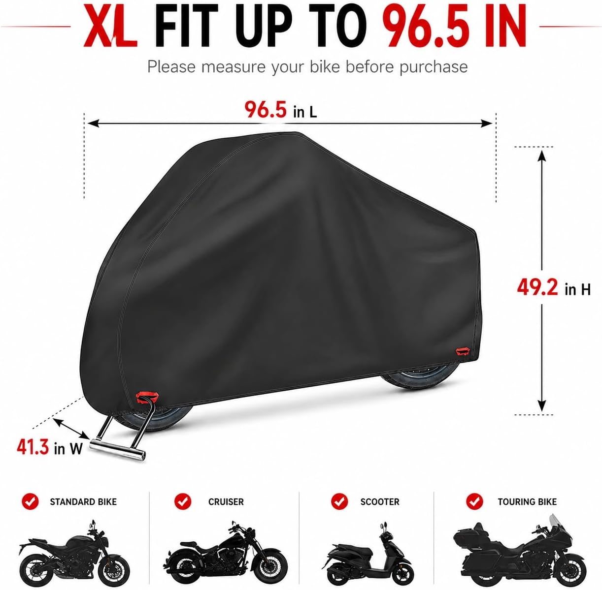 Anglink Waterproof Motorcycle Cover, 210D Oxford Heavy Duty Motorbike Cover for Outdoor Storage, Rain Sun Dust UV Protection with Lock Holes, Universal Fit up to 96.5" for Harley Honda Yamaha,Black