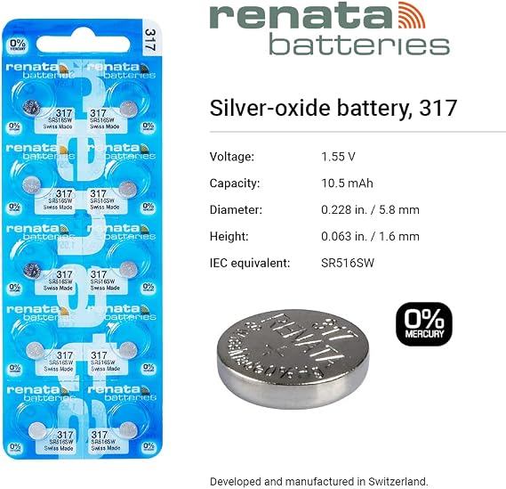 Renata 317 SR516SW Batteries - 1.55V Silver Oxide 317 Watch Battery (20 Count)