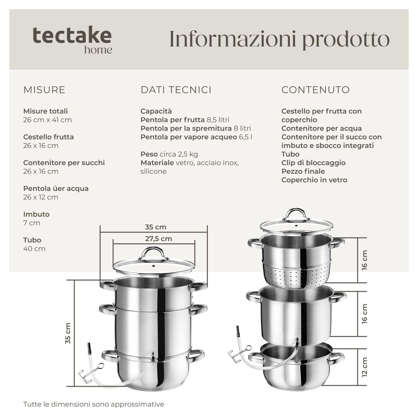 tectake® Pentola Estrattore di Succhi, 15 L Succo di Frutta,Verdura, Acciaio Inox AISI 430 Ø: 26 cm, Set Pentole, Pentole in Acciaio Inox, Utili per la Casa, Coperchio