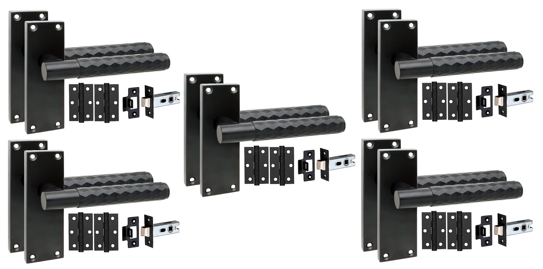 Golden Grace Matt Black 5 Pair Victorian Knurled Diamond Cut Internal Door Handle Sets 120 X 40Mm With 2.5" Latch & Hinges