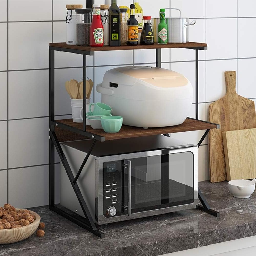 Menaka 3 Tiers Microwave Oven Shelf Stand Kitchen Unit Spice Storage Rack for Countertop, Home Office Desktop Printer Shelving Rack Free Standing Metal Frame with Wood Tabletop