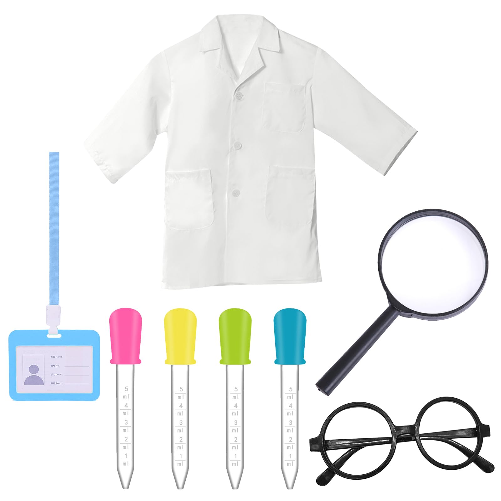 BORISCA 8 Pcs Kids Lab Coat Doctor Scientist Costume Set, Kids White Lab Coat + Work Plate + Spectacle Frame + 4 Droppers + Magnifying Glass, Science Costume for Theme Parties (L, for 140-150cm)
