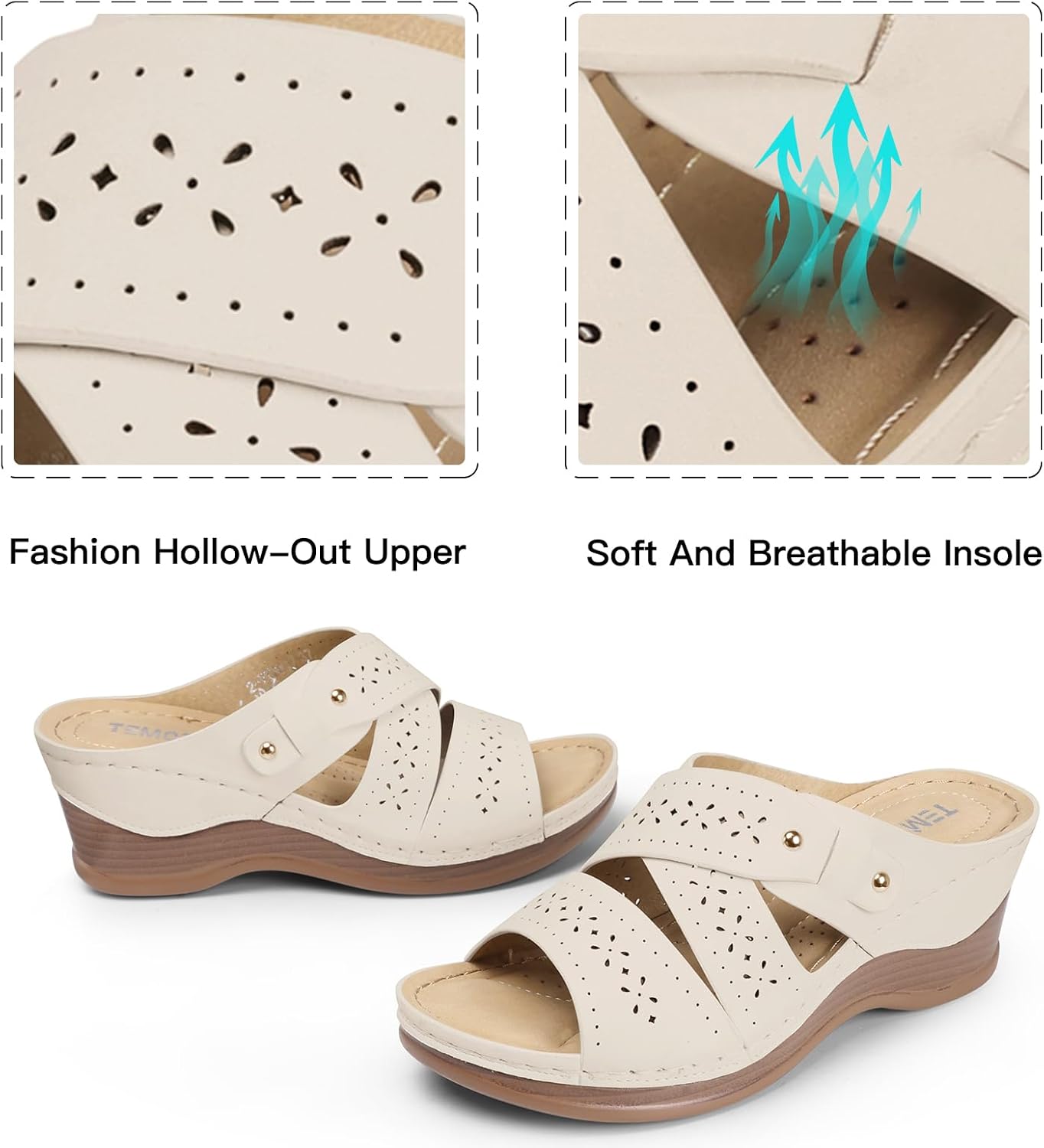 TEMOFON Wedge Sandals for Women Summer: Dressy Low Heel Sandals Black/Navy/White, Comfortable Walking, Arch support, Casual Slip on Summer Shoes, Size 5-11 - Image 5