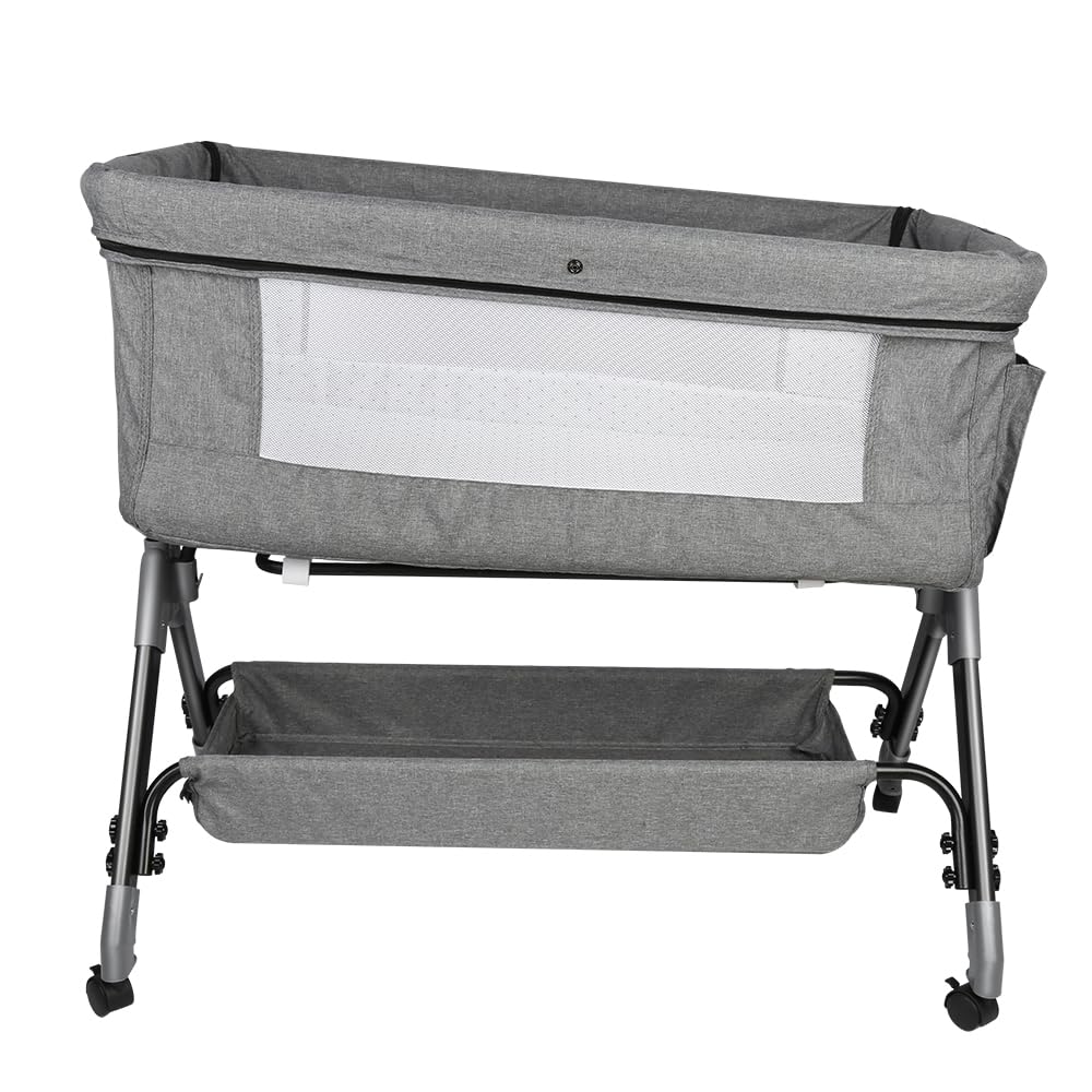 HUOLE Culla Neonato Pieghevole, fino a 20kg4 Altezze Regolabili, Culla Co-sleeping con materasso e zanzariera 2 in 1 Lettino Co-sleeping per neonati da 1 a 36 mesi -104 * 52 * 100-110 cm-grigio lino