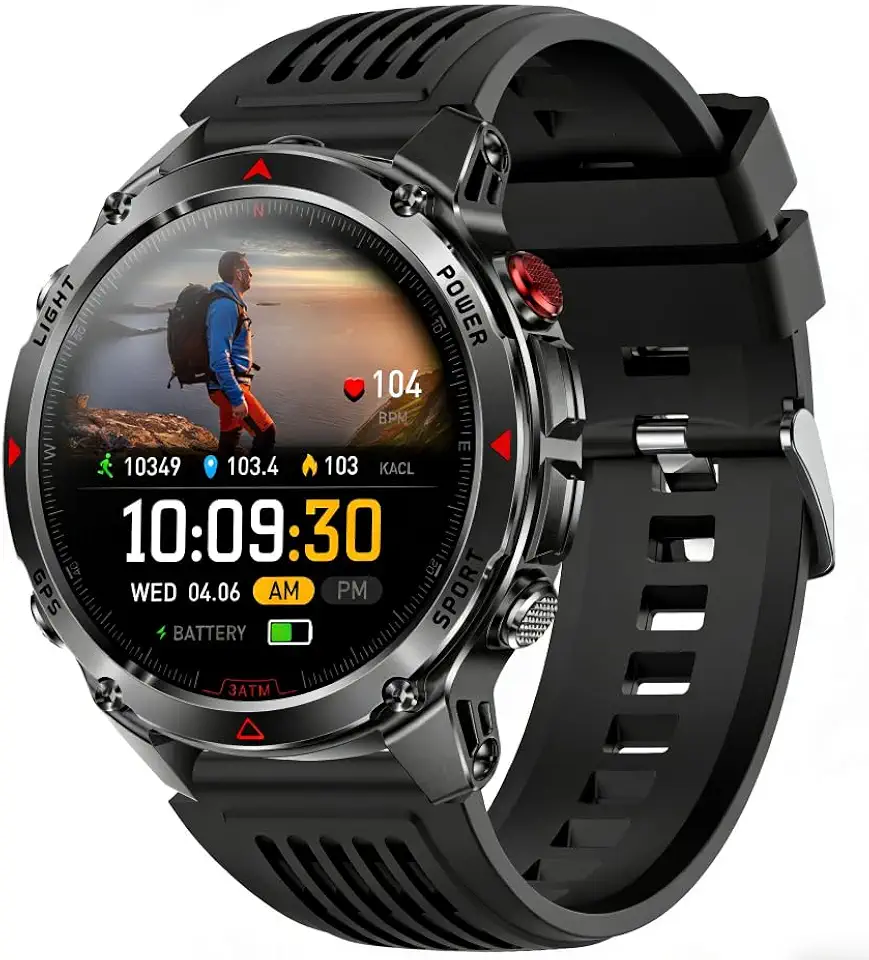 Smartwatch Relógio Inteligente com GPS, Tela 1,46", 3ATM Grau Militar Água Digital Masculino Lanterna, 4 Botões, Preto, 540mAh, Bluetooth 5.3 Instantâneas