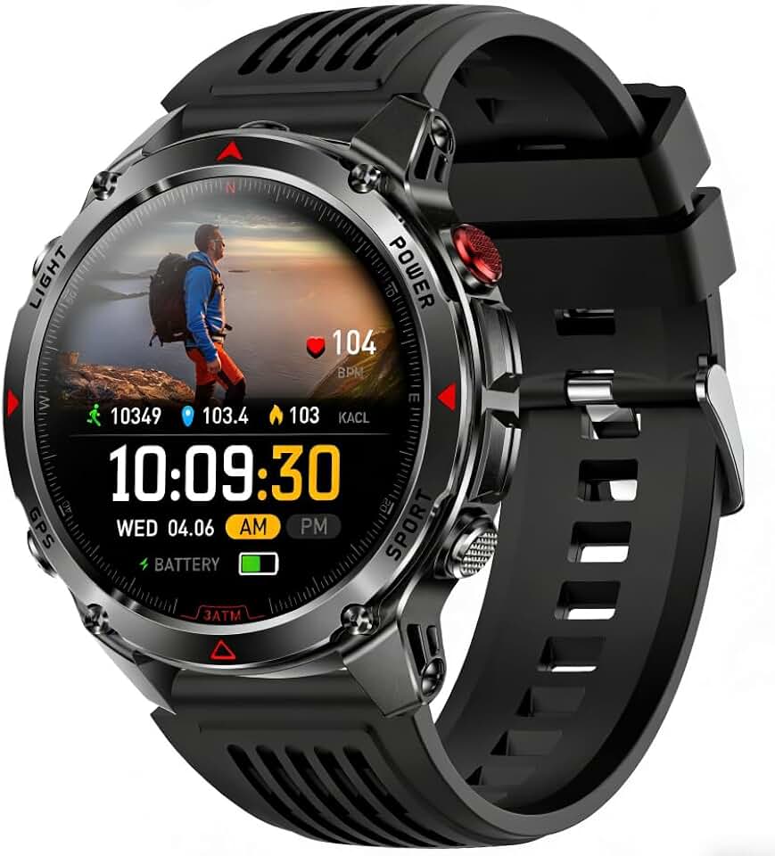 Smartwatch Relógio Inteligente com GPS, Tela 1,46", 3ATM Grau Militar Água Digital Masculino Lanterna, 4 Botões, Preto, 540mAh, Bluetooth 5.3 Instantâneas