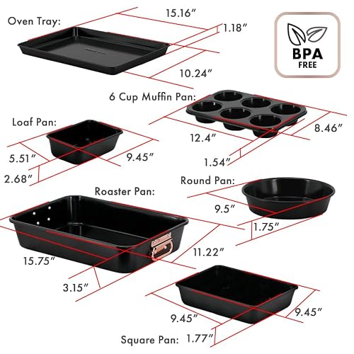 Prime Cuisine Stackable Nonstick Bakeware Set, 8 Piece Baking Pan Set, Oven Safe Carbon Steel, Includes Cookie Sheet, Muffin Pan, Loaf Pan & Roaster - Image 5