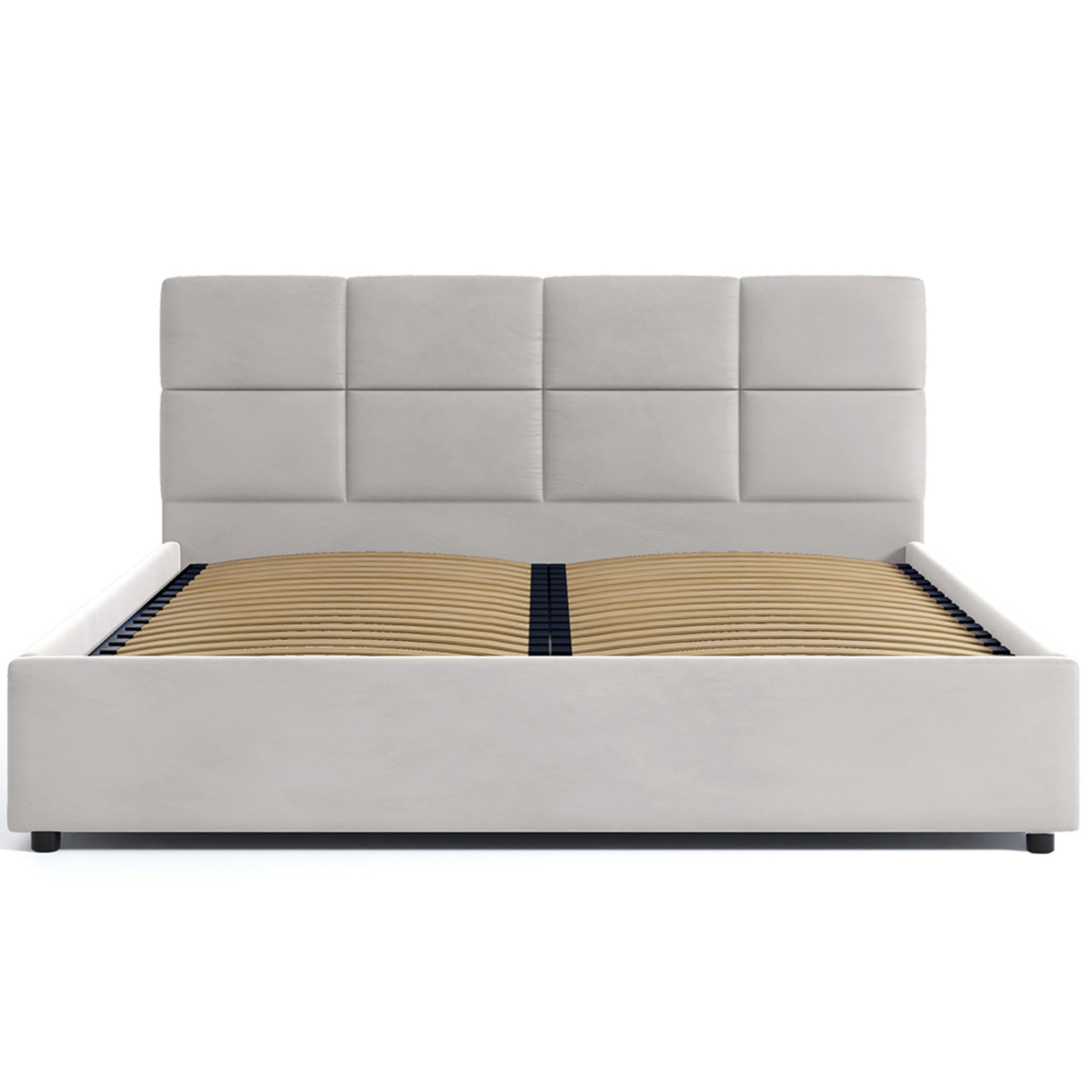 Letto Imbottito Con Contenitore Home Collective – Velluto, Senza Testiera, Con Rete A Doghe E Telaio In Metallo, Disponibile In 120x200, 140x200 E 160x200, Beige