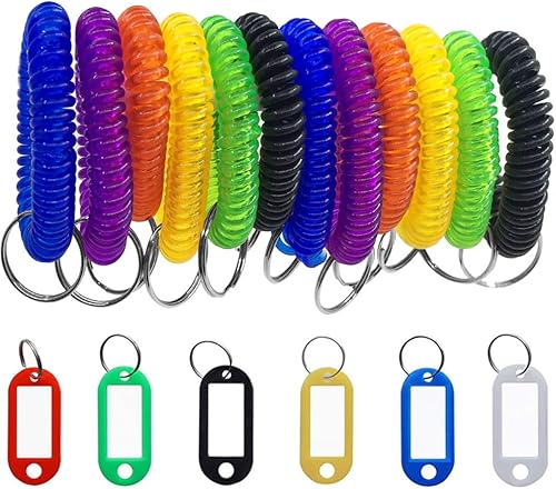SENHAI 12 llaveros de pulsera y 6 etiquetas para llaves, bobina de plástico elástica elástica con resorte en espiral, llavero para gimnasio,