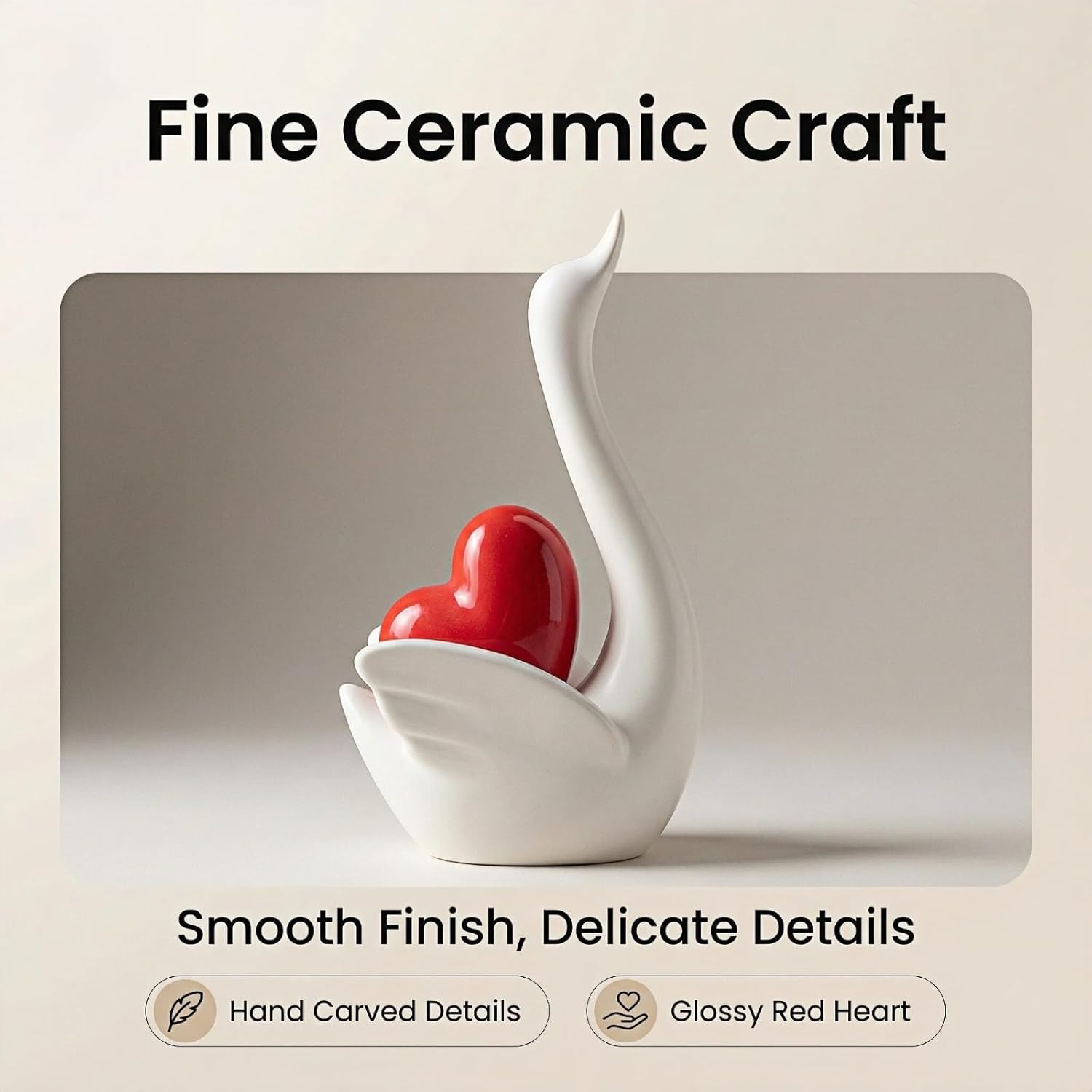 Haumei Ceramic Swan Couple Figurines, Romantic Home Decor, Decorative Sculptures for Living Room, Bedroom, Shelf | Valentine's Day Wedding (Set of 2) (White Swan with Red Heart) - Image 3