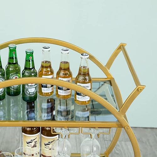 Miniatura 9 de Carrito de barra redondo dorado con 2 estantes de espejo, carrito de servicio con ruedas y soporte para vidrio, carrito de vino móvil para el hogar,