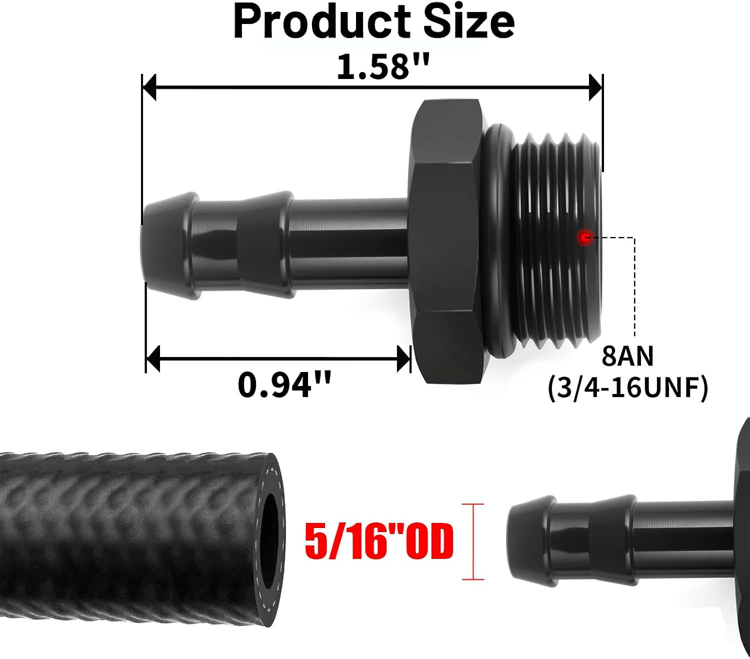8AN ORB Male to 5/16" Hose Barb Straight Fitting Adapter Aluminum 4PCS