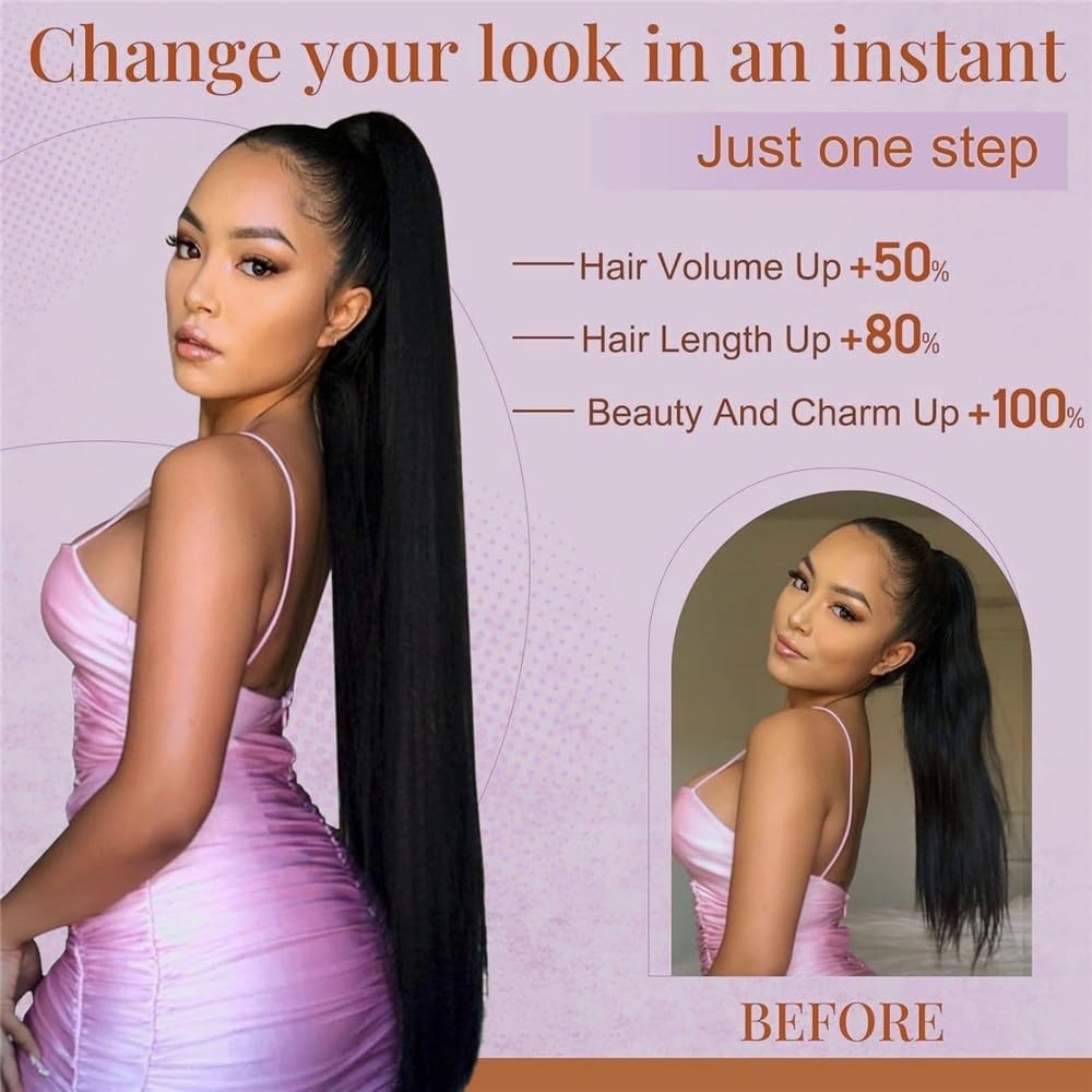 Ponytail Extensión de cola de caballo con cordón, largo, liso, sintético natural, para mujeres, color marrón oscuro, 25,4 – 66 cm