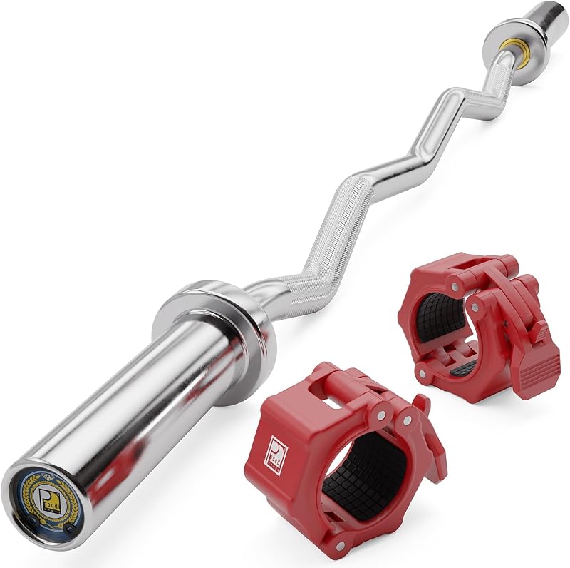 POUDI SPORT Krómozott Acél Bicepsz Rúd 120 cm - 10 kg Súlyú Edzőrúd 182 kg Terhelhetőséggel, 50 mm Átmérővel, Piros Súlyzárral