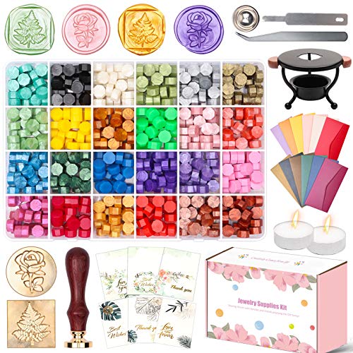 Yholin Wax Seal Stamp Kits with Gift Box, 624pcs Wax Seal Beads with Sealing Wax Warmer Envelop Tealight Candle Spoon, Sealing Wax Kits for Cards Envelope Sealing Invitations Wine Packages - 24 Colors