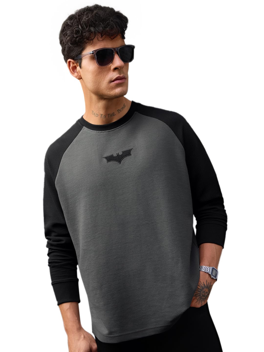 Batman: Darkness Men and Boys Long Sleeves Round Neck Charcoal Grey Colour-Block Superhero Emblem Casual Lightweight Streetwear Trendy Full Sleeve T-Shirts