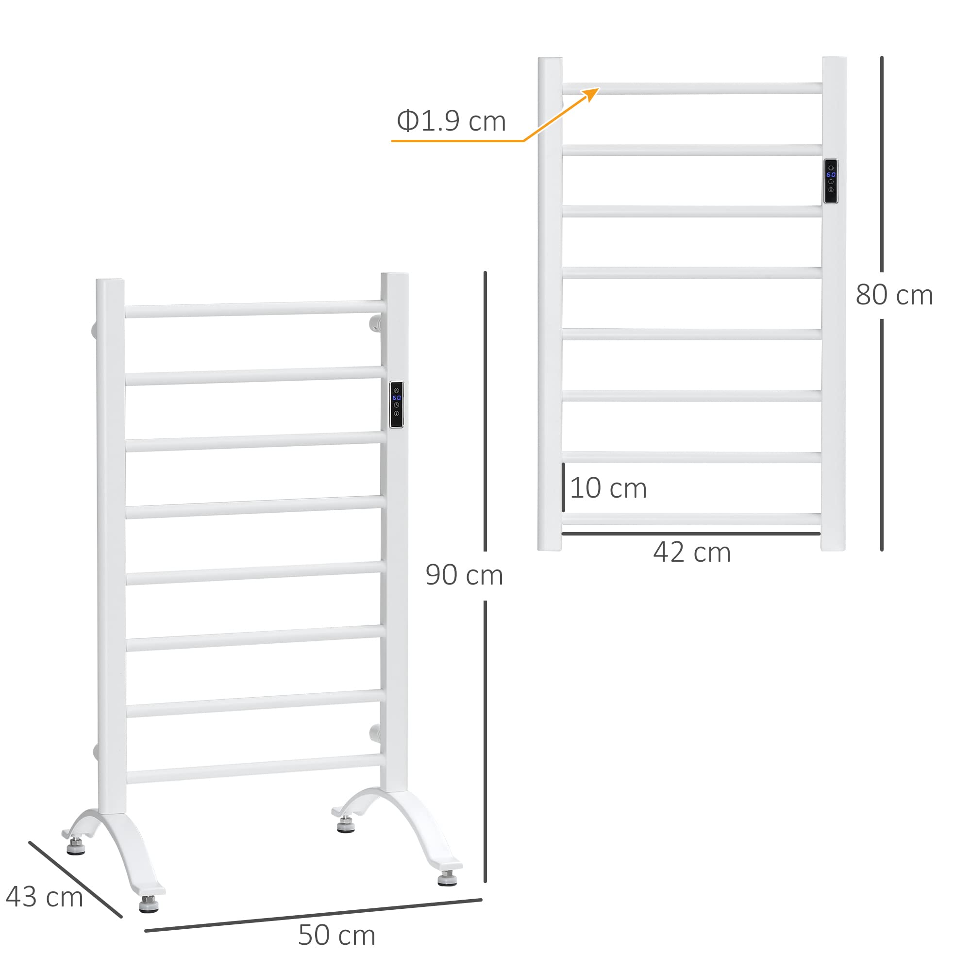 HOMCOM Scaldasalviette Elettrico a 8 Barre, Portasciugamani Riscaldato con Timer e Controllo Temperatura, in Acciaio al Carbonio, 50x45x90 cm, Bianco