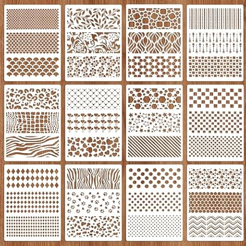 OOTSR 12 PCS Stencils for Crafts Reusable, Texture Layering Drawing Stencils Art Templates for Painting on Card-Making Canvas Furniture Paper Wood DIY Crafts Cover