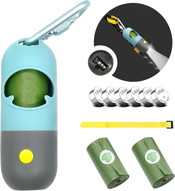 Morn Light Poop Bag Holder with Flashlight Dog Poop Bag Holder for Leash Dog Bag Holder with Clip Dog Poop Bag Dispenser with Leak-Proof Green Poop Bags for Dog Walking(Battery, 1 Dispenser 45 Bags)