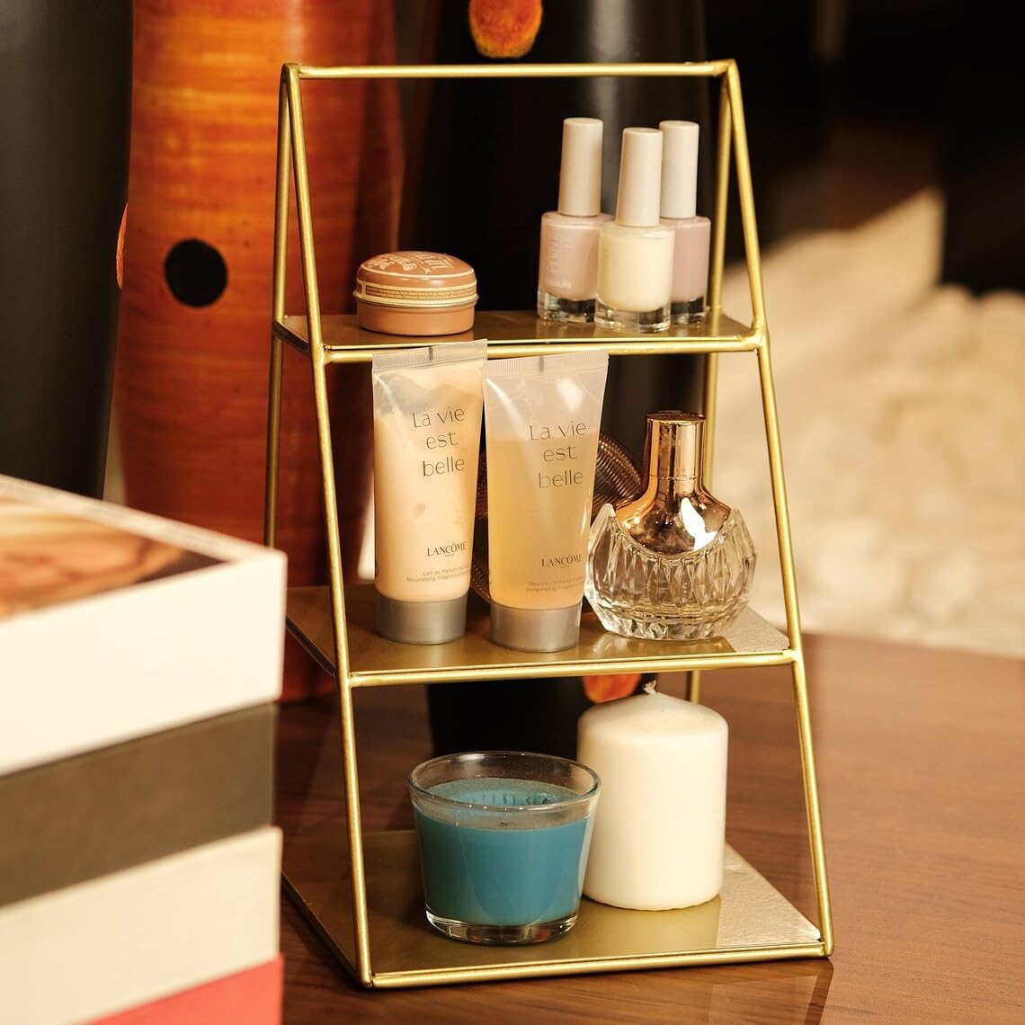 Ruhi Collections Metal Makeup Perfume Organiser 3 Tier for Tabletop 3 Steps With Beautiful Gold Colour Decorative Cosmetics Holder for Vanity Display-image-39
