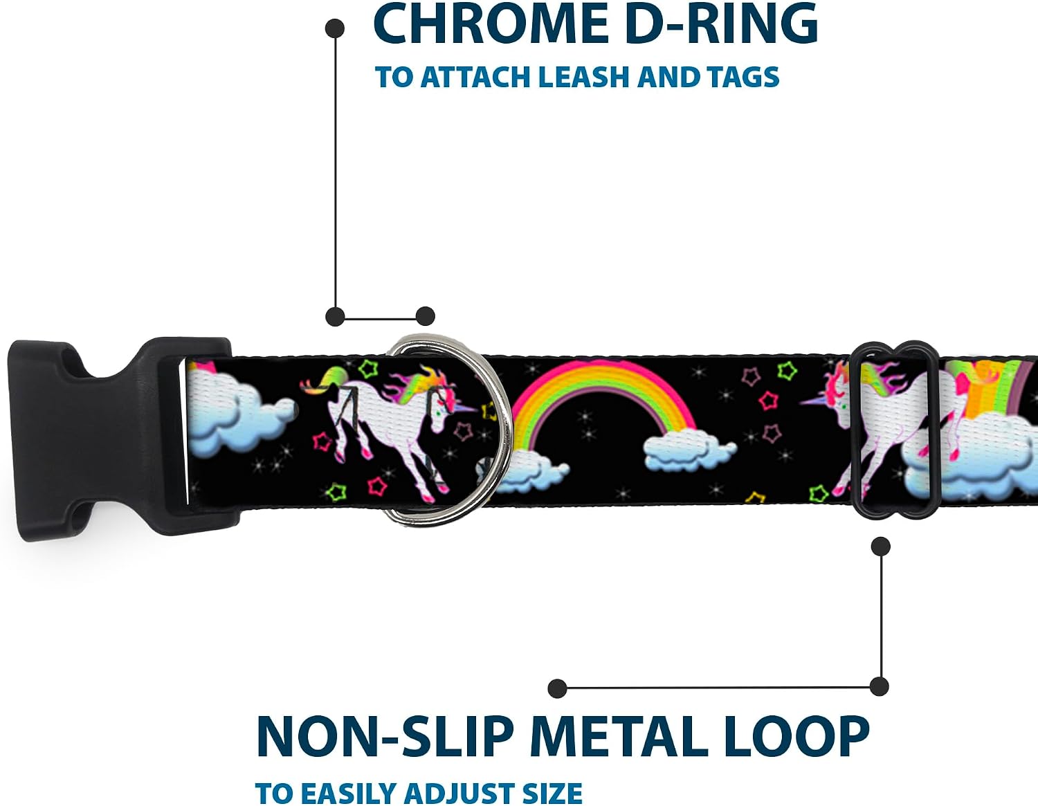 Buckle-Down Plastic Clip Collar - Unicorns/Rainbows/Stars Black - 1.5" Wide - Fits 13-18" Neck - Small