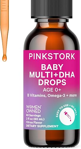 Miniatura 1 de Pink Stork Gotas multivitamínicas líquidas para bebés, gotas de vitaminas para bebés y niños pequeños con DHA, vitamina C, D, B12 y colina para