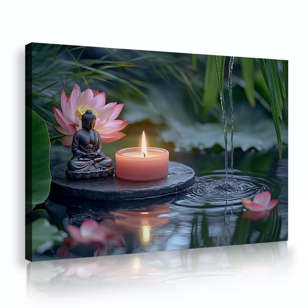 Via Vela Buddha Statue Framed Canvas Wall Art Bathroom Zen Candle Lotus Painting Meditation Water Stream Prints Calm Artwork for Spa Decor 70x110cm