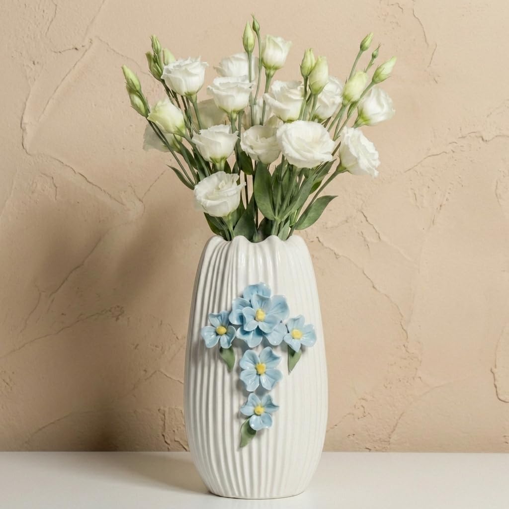 Modern Ceramic Vase - White Boho Textured Vase for Flower, 3D Sculpted Floral Centerpiece Vase for Living Room, Shelf, Table, Wedding, Fireplace, Mantel Decor