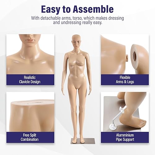 Miniatura 5 de Ruesleag Maniquíes masculinos femeninos de 69 pulgadas, vestido de cuerpo completo, forma de torso, maniquí desmontable de plástico ajustable,