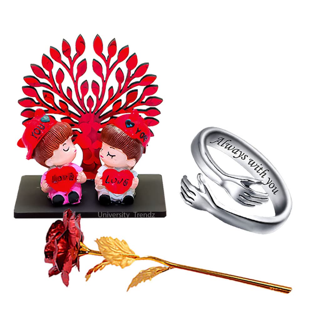University TrendzRomantic Gift Combo - Silver Hug Ring with Love Couple Miniatures & Artificial Red Rose for Girlfriend/Wife/Fiancee